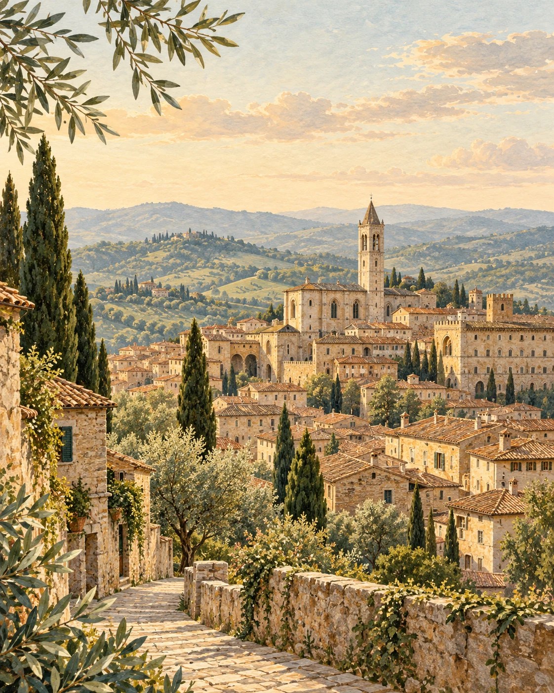 Illustrazione di un borgo umbro tra tetti in terracotta, ulivi e colline